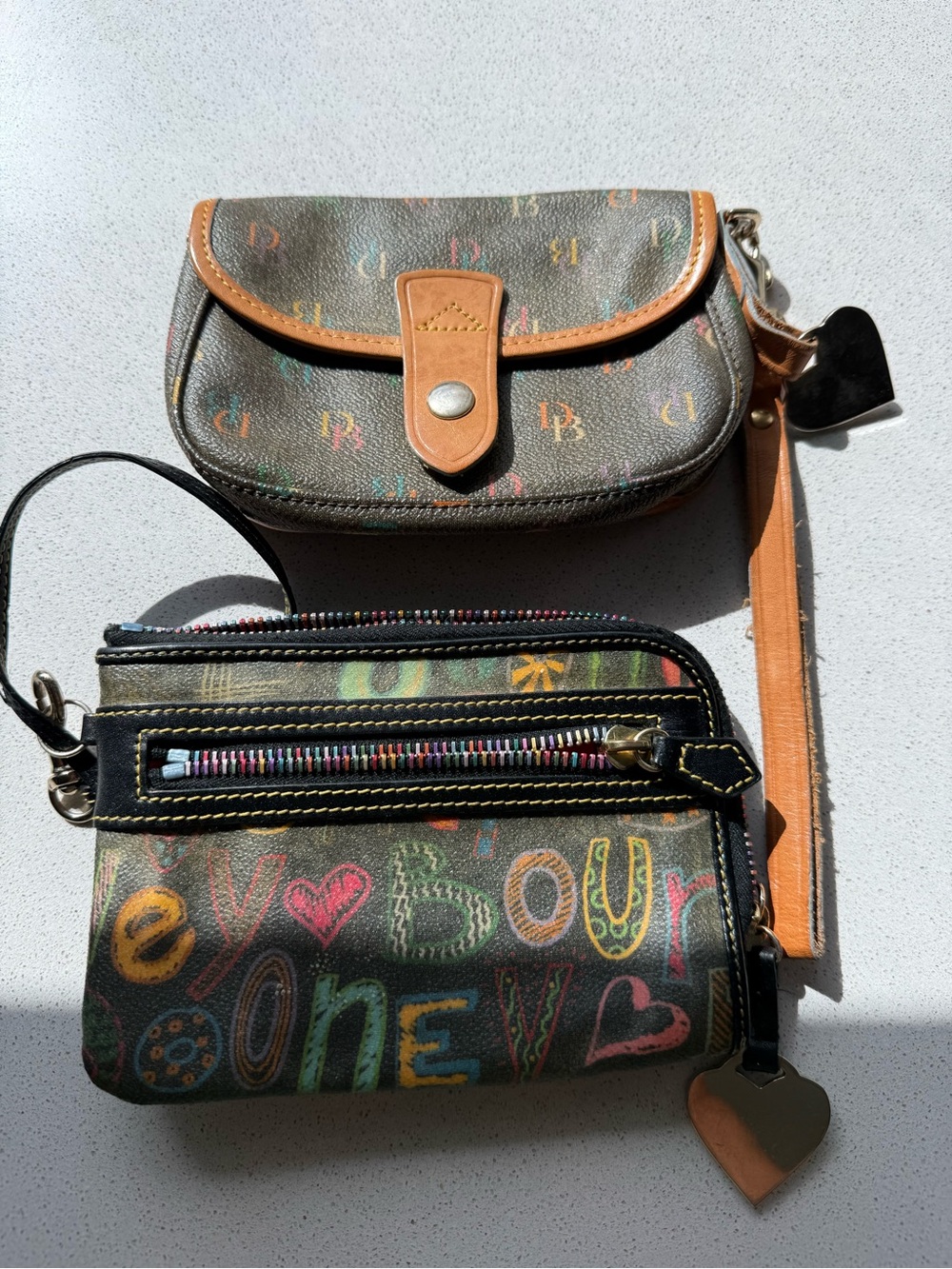 Vintage Dooney & Bourke Brown Multicolor Graphic Wristlet Duo
